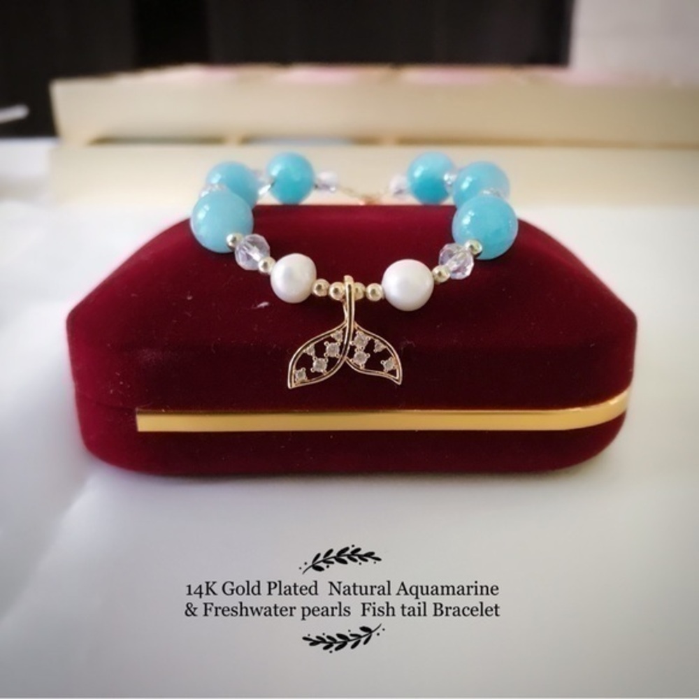 14KGold Plated natural Aquamarine& freshwater